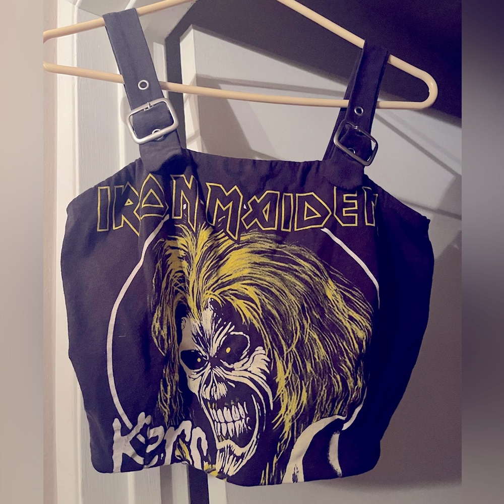 NEW IRON MAIDEN KILLERS Zip Back Belt Buckle Strap Crop Top